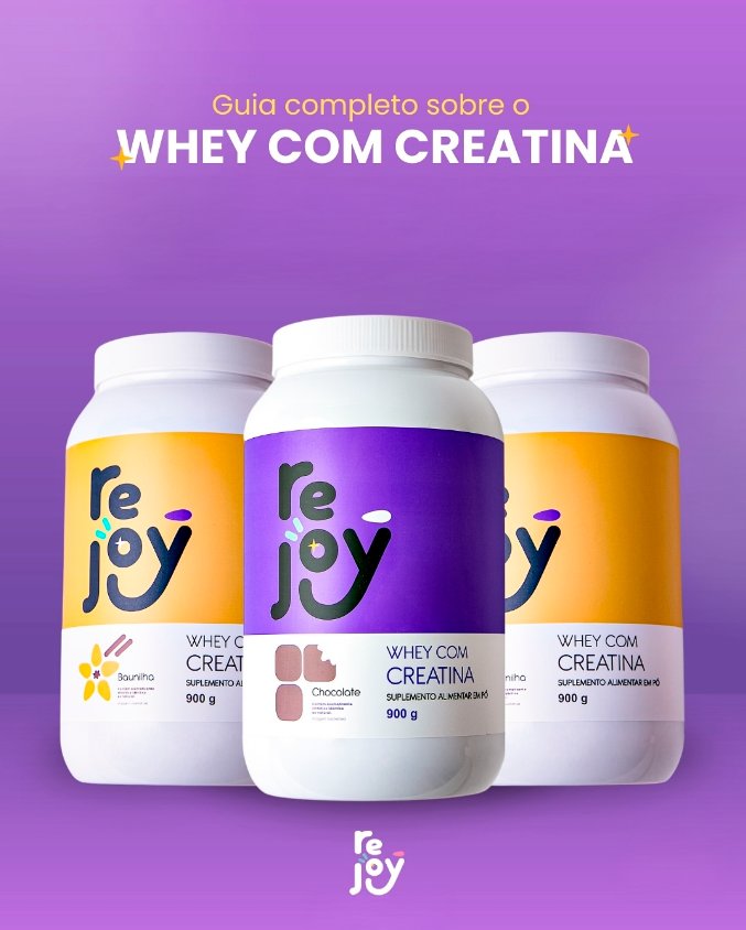 Rejoy whey-with-creatine tubs on a violet background
