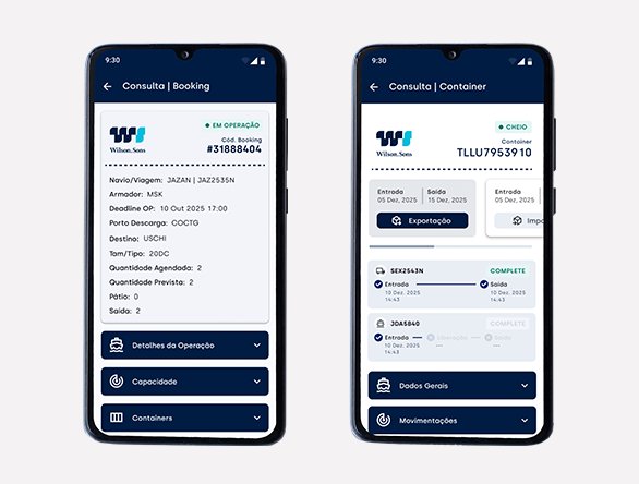 Booking and container lookup screens with status badges and expandable sections