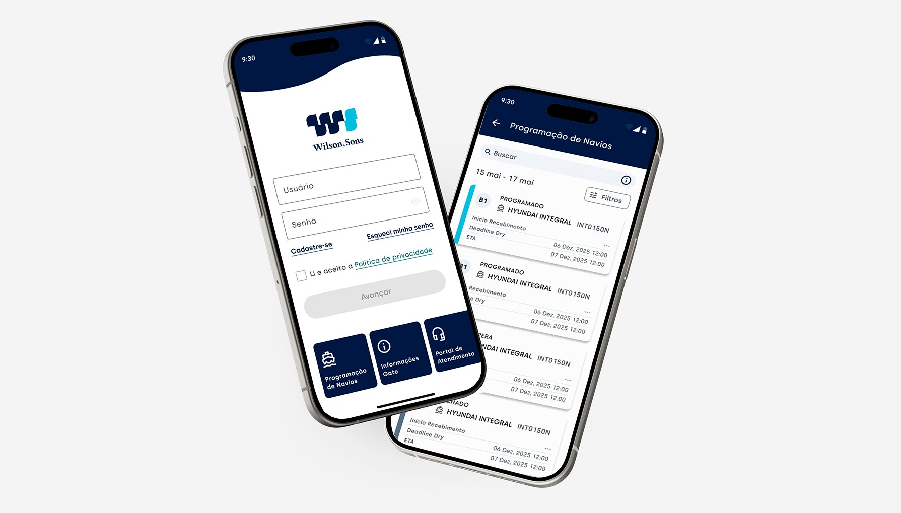 Teconline RIG app on two phones: Wilson Sons login screen and the vessel schedule list