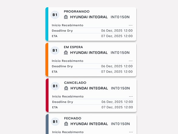 Vessel schedule cards colour-coded by status: scheduled, on hold, cancelled, closed